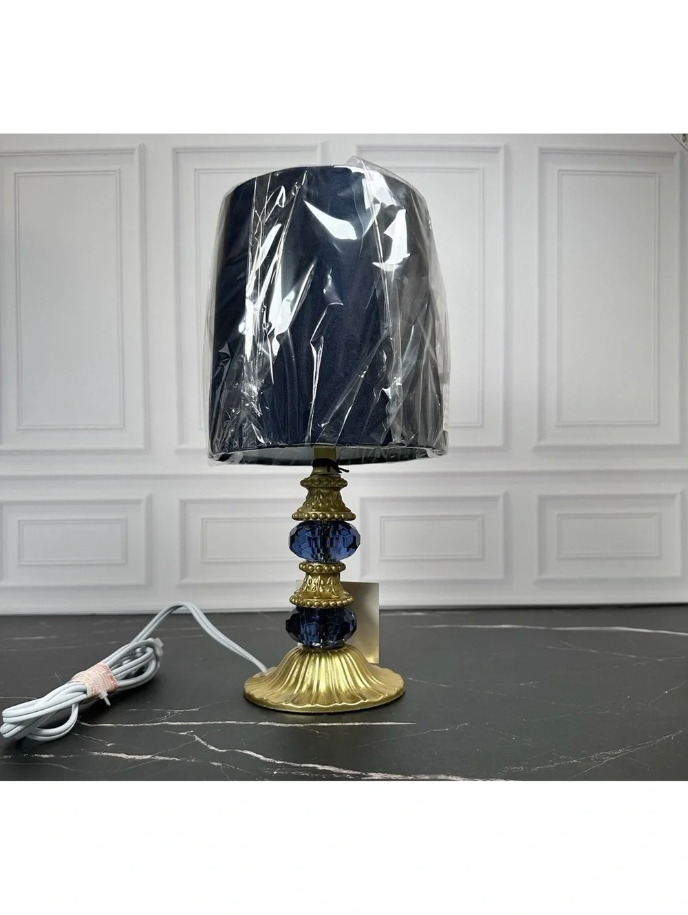 Karma Home Elegant Blue and Gold Table Lamp with Black Shade, 12 Inches Tall